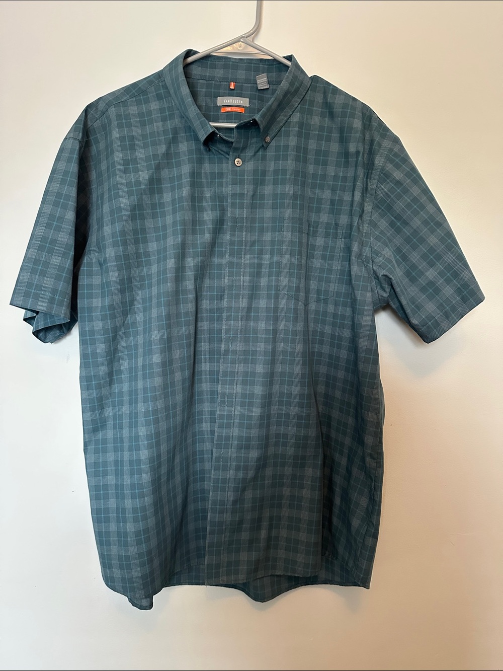 Van Heusen Short-Sleeve Teal Plaid Button-Down Shirt